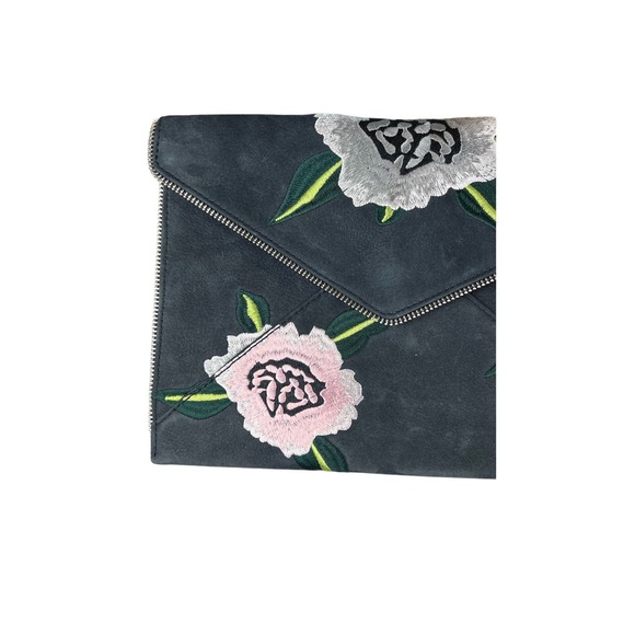 Rebecca Minkoff Embroidered Flowers Leo Nubuck Leather Envelope Clutch Zipper - Picture 7 of 10